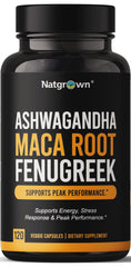 Natgrown ashwagandha-maca-fenugreek capsules bottle: vegan daily energy support.