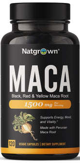 Natgrown maca capsules bottle highlights three-color blend for energy