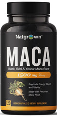 Natgrown maca capsules bottle highlights three-color blend for energy