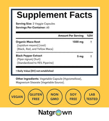 Close-up of Natgrown maca capsules in black red yellow colors