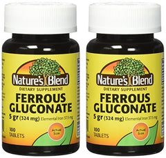 Nature's Blend Ferrous Gluconate pack showing two bottles for extended iron support
