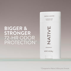 Native Santal & Leather packaging close-up highlights modern design and clean, aluminum-free protection.