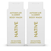 Native Autumn Air & Amber body wash bottle with rich lather, gentle cleanse.