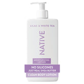 Native Body Lotion bottle with lilac and white tea aroma, ready for daily use.