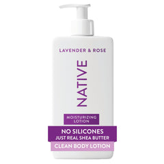 Native Body Lotion lavender-rose bottle highlights calming scent and hydration.