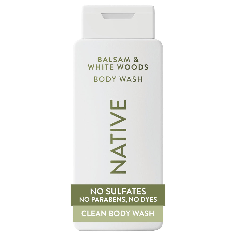 Native Body Wash bottle with balsam and white woods scent for a soothing morning shower.