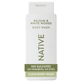 Native Body Wash bottle with balsam and white woods scent for a soothing morning shower.