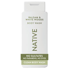 Native Body Wash bottle with balsam and white woods scent for a soothing morning shower.