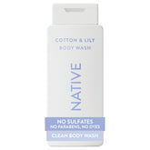 Native Body Wash Cotton & Lily bottle pouring with creamy lather for soft, hydrated skin
