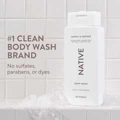 Native Body Wash Santal Leather creamy lather close-up demonstrates gentle cleansing.