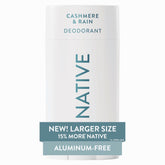 Native Cashmere & Rain deodorant stick offers a silky glide for daily freshness.