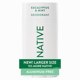 Native eucalyptus mint deodorant stick close-up shows smooth glide and aluminum-free formula
