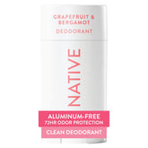 Native deodorant grapefruit-bergamot bottle highlights refreshing scent and aluminum-free formula.