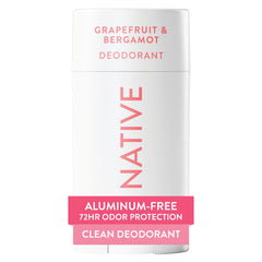 Native deodorant grapefruit-bergamot bottle highlights refreshing scent and aluminum-free formula.