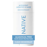 Native Midnight Jasmine & Sage deodorant bottle showing aluminum-free, all-day odor protection.