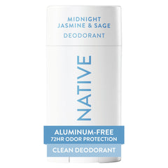 Native Midnight Jasmine & Sage deodorant bottle showing aluminum-free, all-day odor protection.