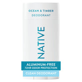 Native Ocean & Timber deodorant bottle-front view showing unisex, aluminum-free protection