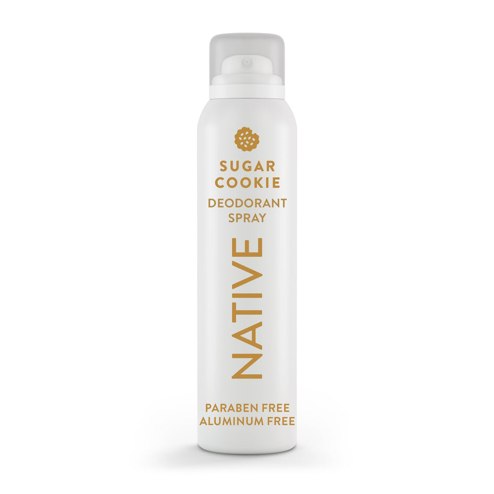 Native deodorant spray holiday edition sugar cookie bottle, aluminum-free freshness for everyday wear.