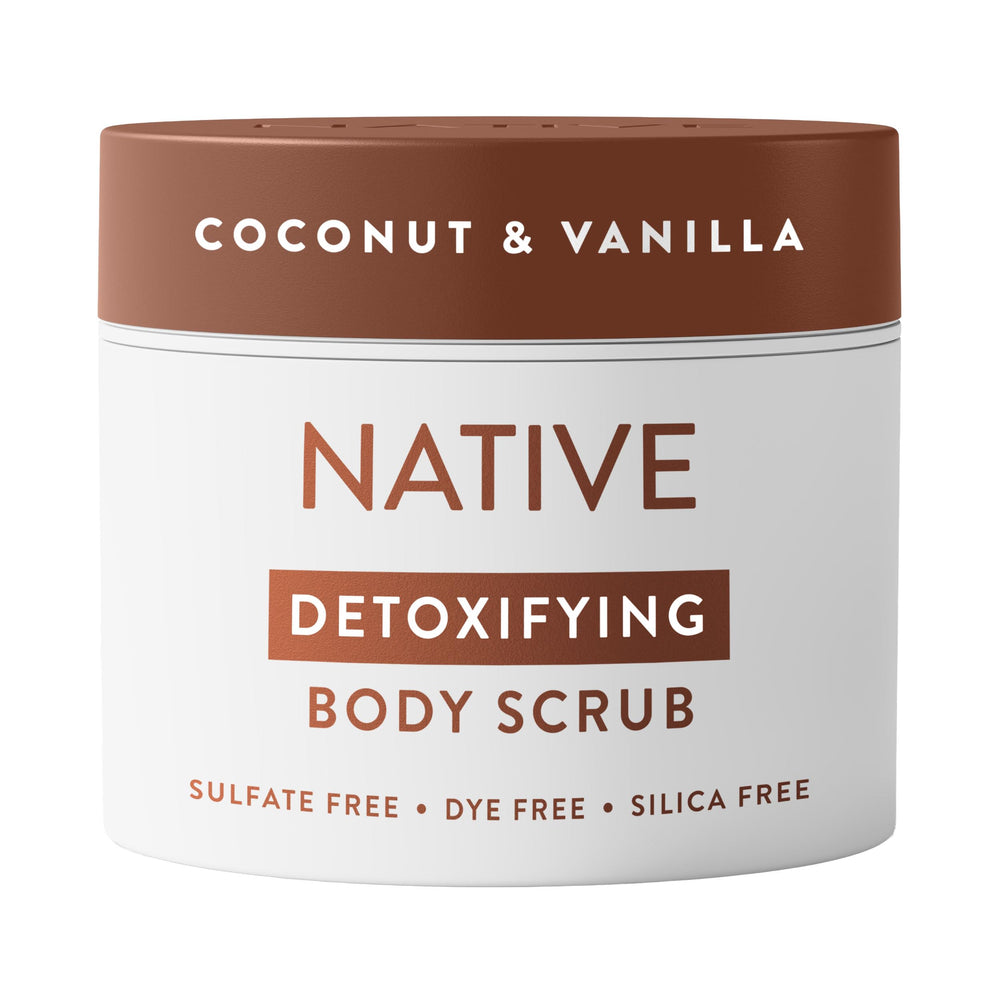 Native detoxifying exfoliating body scrub jar shows coconut-vanilla scent for smooth skin