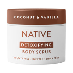 Native detoxifying exfoliating body scrub jar shows coconut-vanilla scent for smooth skin