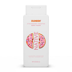 Native Dunkin Strawberry Frosted bottle—hydrating body wash for daily showers.
