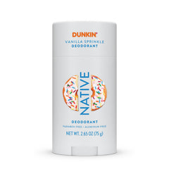 Native Dunkin Vanilla Sprinkle deodorant stick delivers all-day freshness.