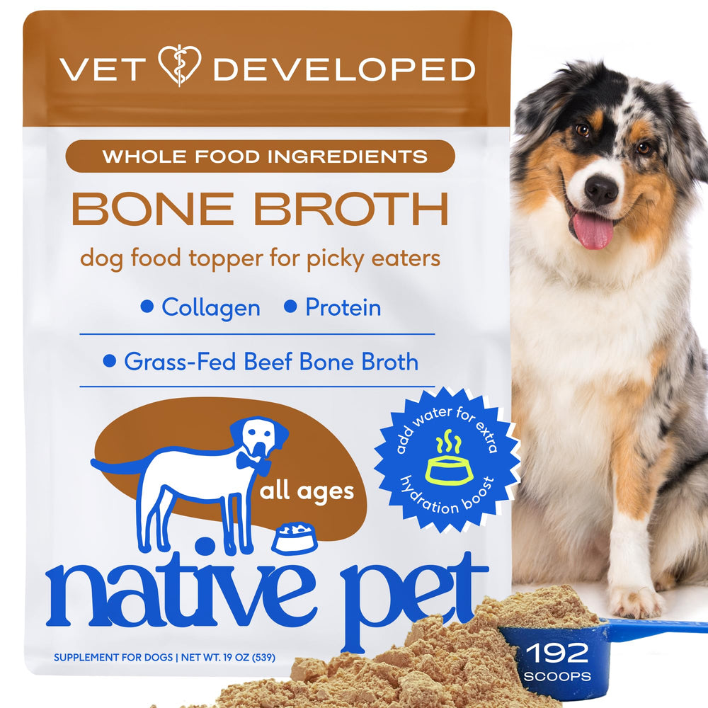 Native Pet bone broth powder bottle, a savory meal topper for dogs and cats.