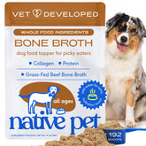 Native Pet bone broth powder bottle, a savory meal topper for dogs and cats.