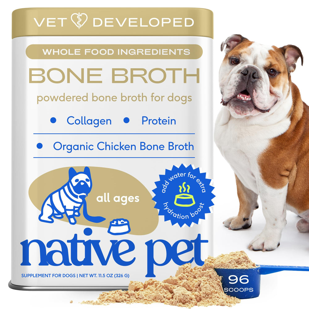 Native Pet bone broth powder for dogs on kibble boosts flavor and hydration.