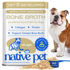 Native Pet bone broth powder for dogs on kibble boosts flavor and hydration.