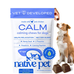 Native Pet Calming Chews bottle offers daily calming support for dogs.