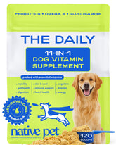 Native Pet The Daily Dog Vitamins bottle shows the 11-in-1 formula for gut and overall health