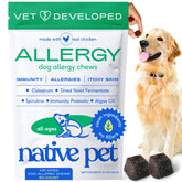 Native Pet dog allergy chews packaging close-up, USA-made formula for large breeds.