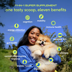 Native Pet 11-in-1 multivitamin powder supports joints, gut, skin, coat, and heart.