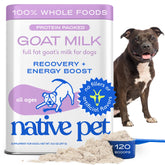 Native Pet Goat Milk Powder bag close-up shows pure ingredients for active dogs