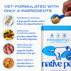 Native Pet Probiotics 6B CFUs strains detail emphasizes dog-specific gut balance.