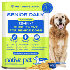 Native Pet Senior Daily Vitamins bottle front showing all-in-one dog health support.