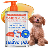 Native Pet wild Alaskan salmon oil bottle showing daily omega support for pets