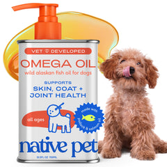 Native Pet wild Alaskan salmon oil bottle showing daily omega support for pets