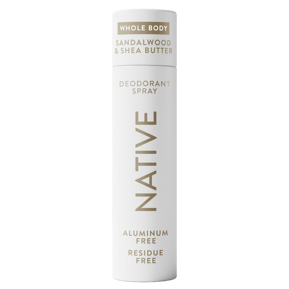 Native Sandalwood & Shea Butter deodorant spray bottle highlights the product for all-day freshness.