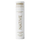 Native Sandalwood & Shea Butter deodorant spray bottle highlights the product for all-day freshness.