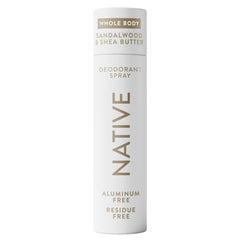 Native Sandalwood & Shea Butter deodorant spray bottle highlights the product for all-day freshness.