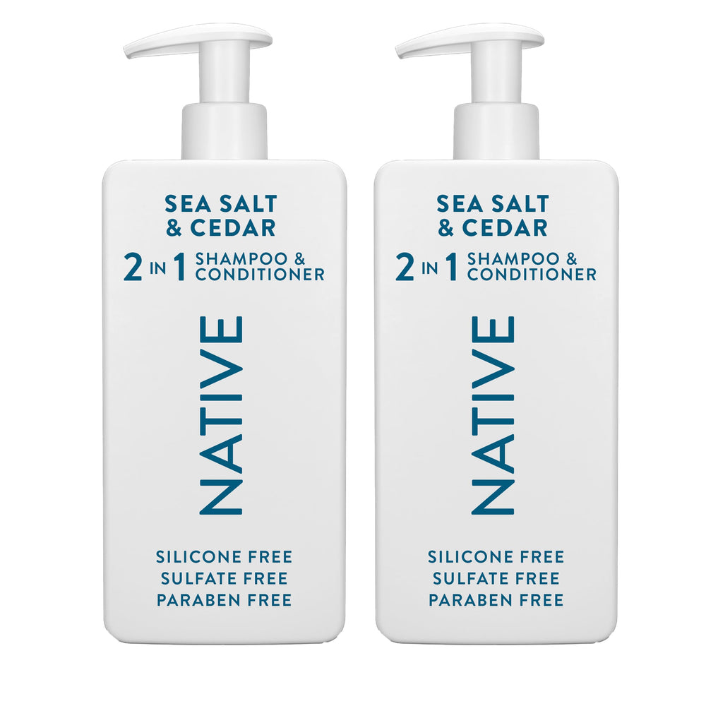 Native Sea Salt & Cedar 2N1 bottle shows sulfate-free formula for healthy-looking hair.