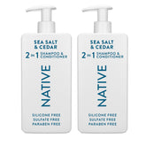 Native Sea Salt & Cedar 2N1 bottle shows sulfate-free formula for healthy-looking hair.