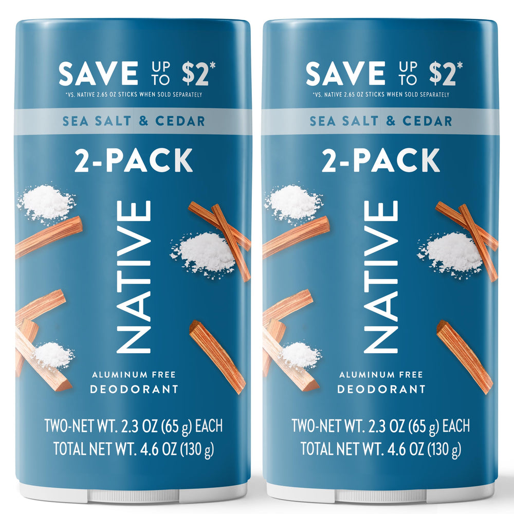 Native Sea Salt & Cedar twin-pack front view for lasting freshness with aluminum-free protection.