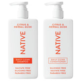 Native Shampoo bottle front view highlights natural ingredients for gentle cleansing.