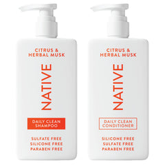 Native Shampoo bottle front view highlights natural ingredients for gentle cleansing.