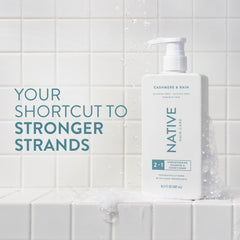 Native Strengthening 2-in-1 label close-up showing clean, dye-free formula benefits