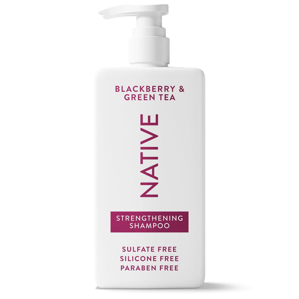 Native Strengthening Shampoo bottle pour demonstrates easy dispensing for daily cleansing