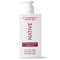 Native Strengthening Shampoo bottle pour demonstrates easy dispensing for daily cleansing